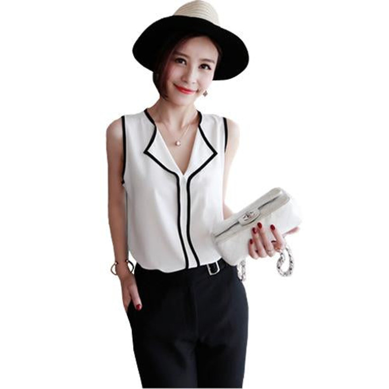 2018 Summer Fashion Womens Casual White V Neck Sleeveless Black Side Chiffon Blouse Shirt Work Wear Women Tops