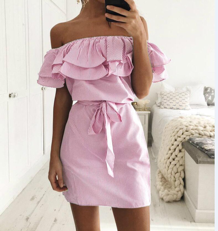 2018 summer dress Women Off Shoulder red Blue Striped bandage Shirt beach dress party Short robe femme Sexy vestido de festa