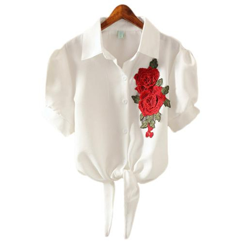 2018 Striped Short Sleeve Summer T-shirt Women Print Pinstripe Embroidery Floral Turn Down Collar Female T Shirt Casual Tops #08