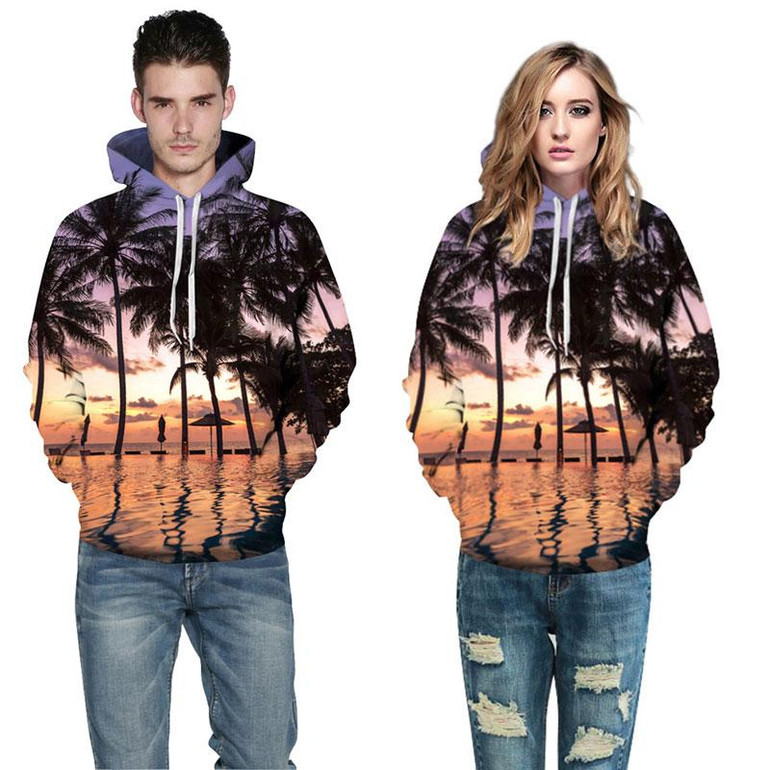 Mr.1991INC Hot Fashion Harajuku Sweatshirts Men/women 3d Hoody Print Nightfall Seaside Coconut Trees Hooded Hoodies