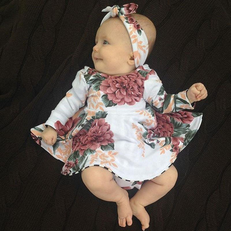 Baby Girls Long Sleeve Floral Dresses 2PCS Outfits 2017 New Bebes Kids Casual Dress For Girls Cute Fall Vestidos+Headband 0-24M