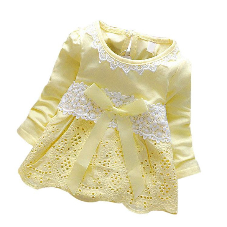Baby Girls Lace Flower Dresses Sweet Crochet Long Sleeve Bow knot Summer Floral Cotton Hollow out Dress little vestido infantil