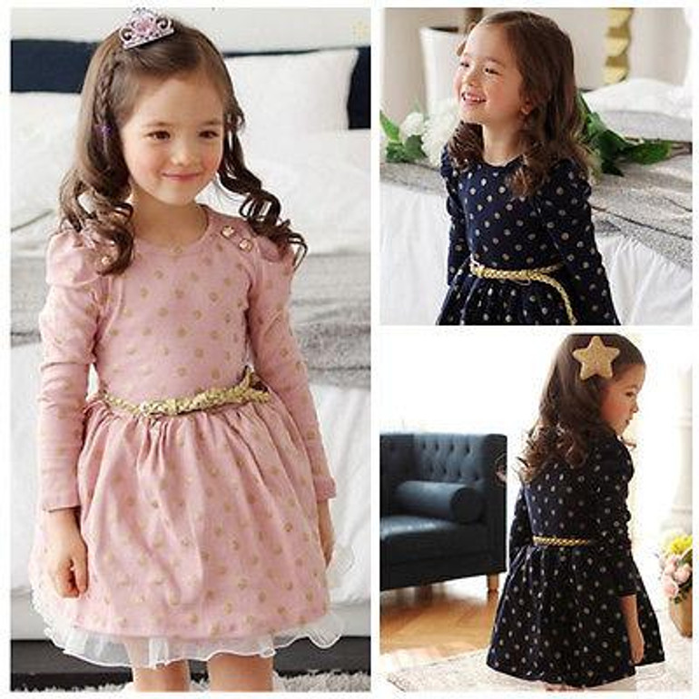 Baby Princess Girls Lace Polka Dot Long Sleeve Party Gown Formal Dress With Belt