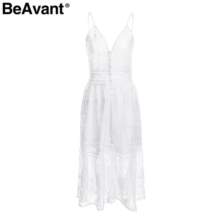 BeAvant v neck sexy lace summer dress women Strap button casual white dress female Streetwear backless midi dress vestidos 2018 BeAvant v neck sexy lace summer dress women Strap button casual white dress female Streetwear backless midi dress vestidos 2018