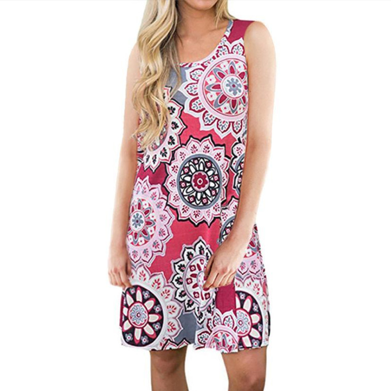 2018 Midi Dress Women Elegant Mandala Print O Neck Mini Dress Tunic Sleeveless Party Dresses Loose Casual Dresses Vestidos