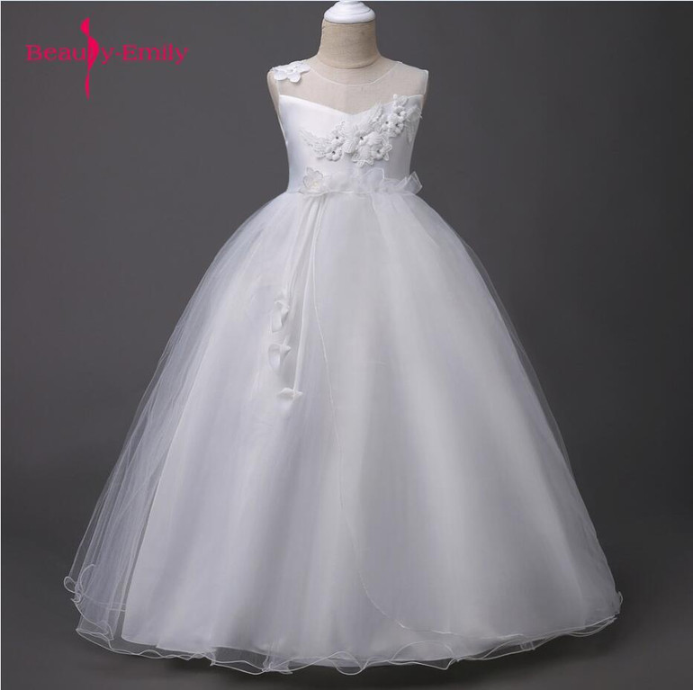 2018 lovely dress for kids Sleeveless Flowers Girls Dresses Bow Appliques for First Communion soft Gown Girls Evening Gowns