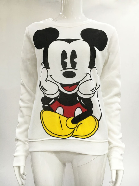 2018 Long-Sleeved Pullovers Mickey Hoodies O-neck Character Printed Red White Kawaii Style sweatshirt for women