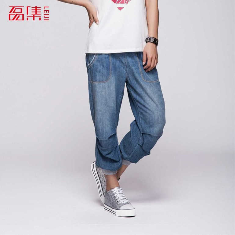 2018 LEIJIJEANS Summer Plus Size 2 Color Bleached Elastic Waist Light Wash Calf Length Cotton Women Loose Stretch Harem Jeans