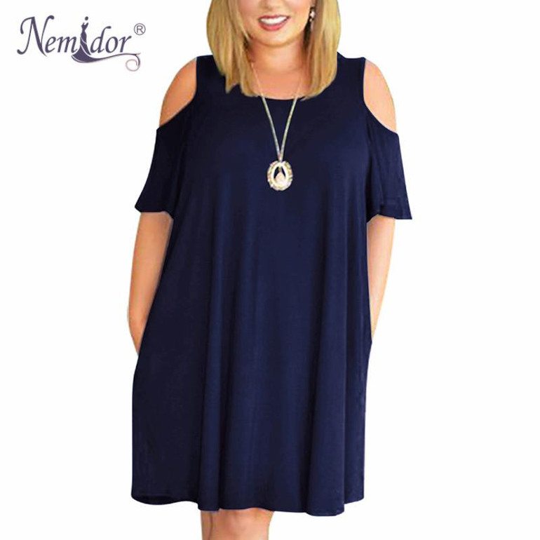 Nemidor Women Casual O-neck Off The Shoulder Midi Plus Size Summer Dress Short Sleeve Beach Vintage Solid Dress With Pockets