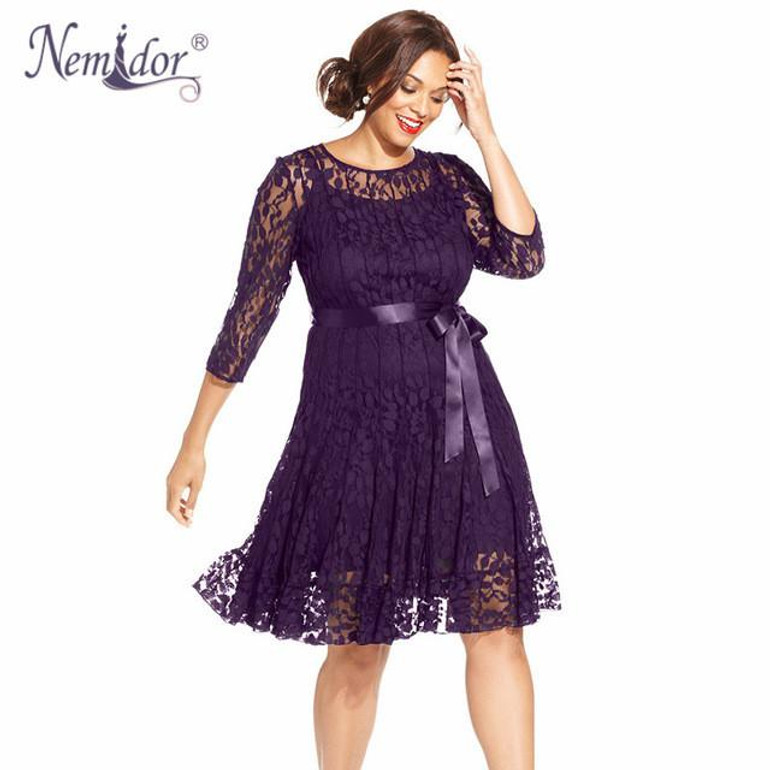 Nemidor Autumn Women Elegant 3/4 Sleeve Retro Embroidery A-line Lace Dress O-neck Plus Size Belted Party Midi Swing Dress