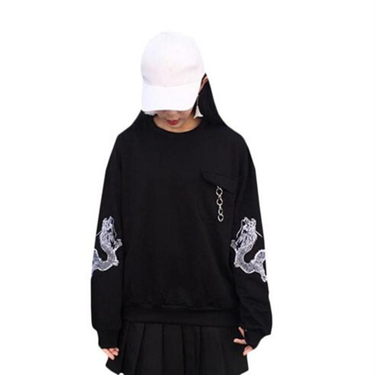 Mujer 2018 New Personality Korean Style Harajuku Sweatshirts Dragon Embroidery Long Sleeve Sweatshirt Hoodie Women Hoodies