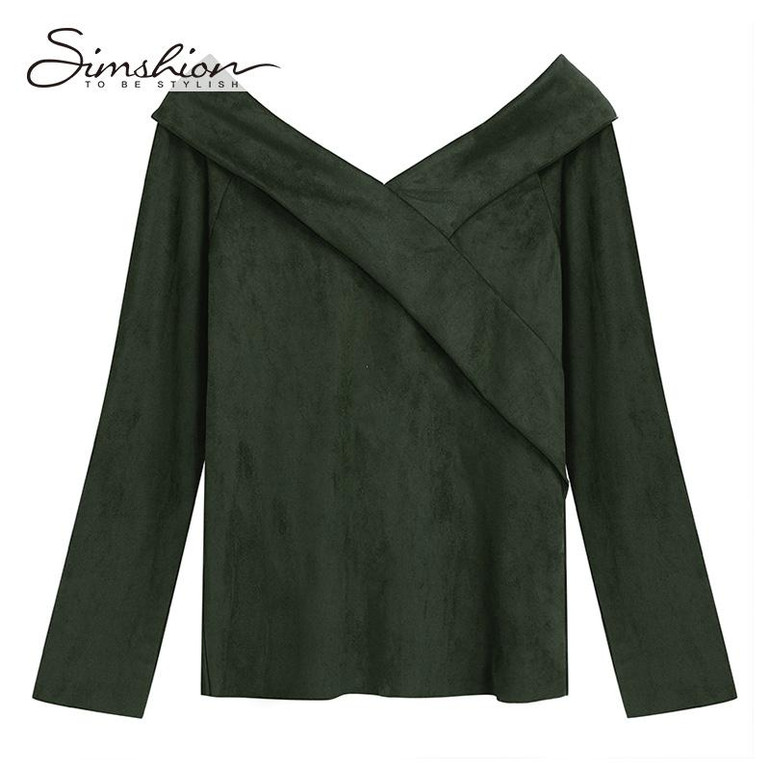 Simshion Women Green Vintage Faux Fur Shirts Autumn Plain Long Sleeves Spliced Blouses Tops Female Casual V-neck Shirt 2017