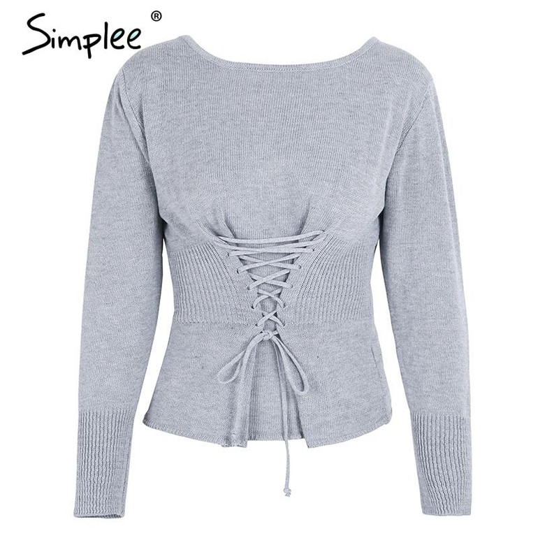 Simplee Waistband lace up knitted sweater women jersey Round neck casual knitting jumper Winter sweater pullover female 2017