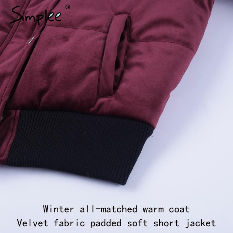Simplee Velvet cotton padded basic jacket coat Women warm wine red parkas jackets female 2017 autumn winter casual outerwear
