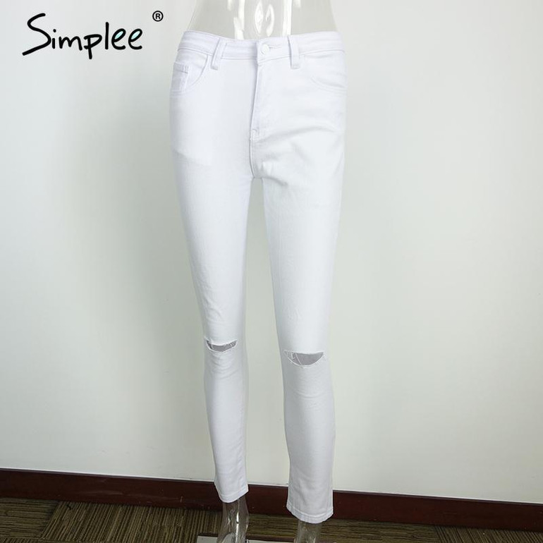 Simplee Summer style white hole ripped jeans Women jeggings cool denim high waist pants capris Female skinny black casual jeans