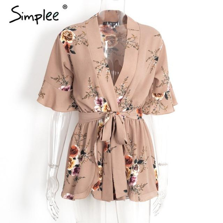 Simplee Summer beach floral print sexy jumpsuit romper Sexy v neck half butterfly sleeve overalls Streetwear playsuit leotard