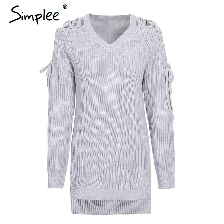 Simplee Sexy lace up split knitted sweater Women autumn winter black long pullover jumper Casual hollow out knitwear pull femme