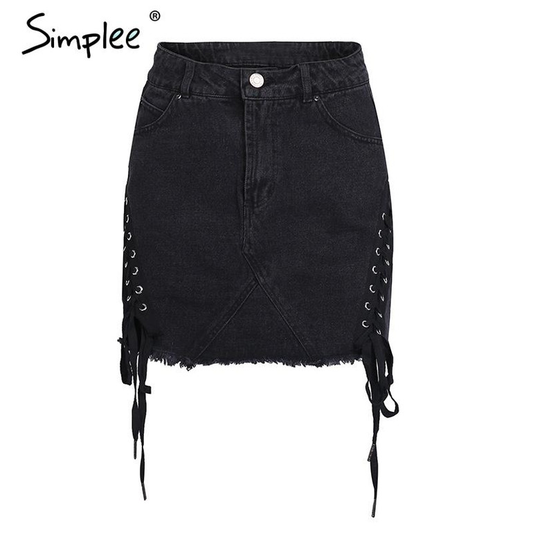 Simplee Sexy lace up denim skirt women Summer bodycon high waist pencil skirt Streetwear fashion casual split min skirts womens