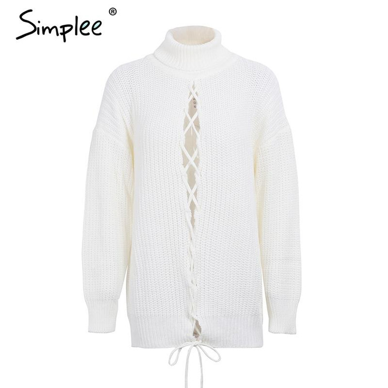 Simplee Sexy lace up knitted turtleneck sweater Women hollow out white long sleeve pullover Autumn winter soft jumper 2017