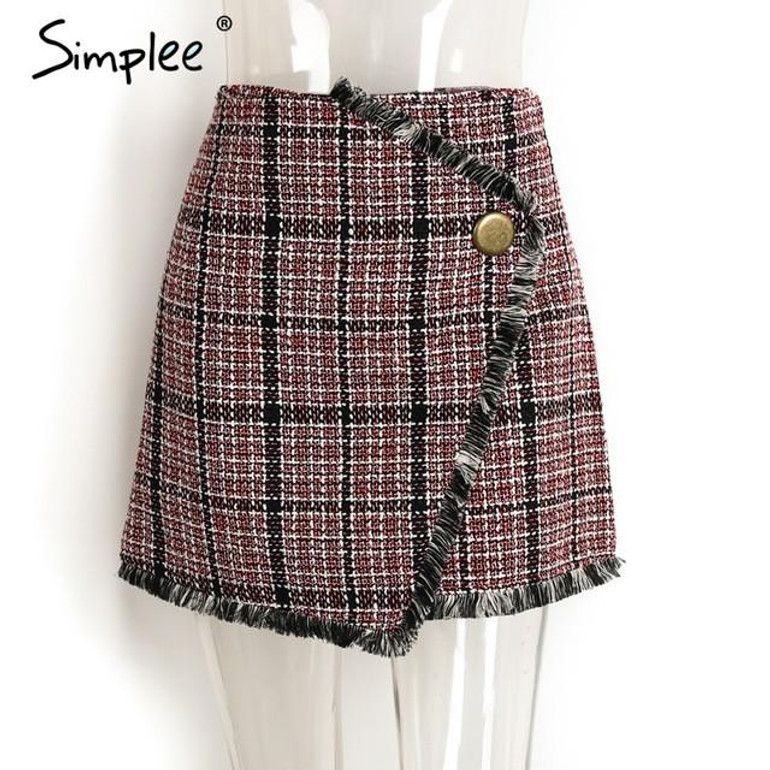 Simplee Sexy asymmetrical plaid skirts women Elegant tassels high waist skirt Cool streetwear woolen short skirt 2017