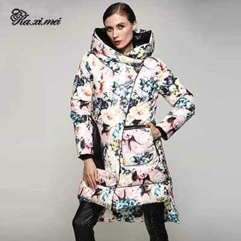 Kaximei White Duck Down Full Down Jacket Women 2017 New Arrival Printed Hooded Wear Outwear Coat 80886