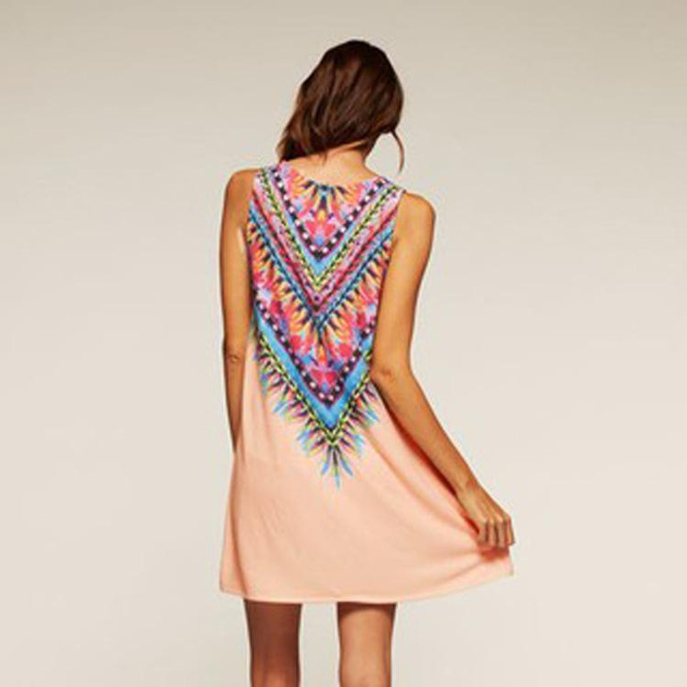 2018 Brand New Vestidos Vintage Print Women Dress O-neck Sleeveless Casual Dresses Boho Sexy Chiffon Beach Dress Summer Dress