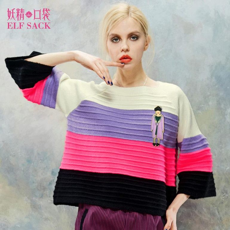 ELF SACK Women Winter Sweater Stripe Multicolour Pullovers Loose Flare Sleeve Sweet Girl's Tops Elegant Womens All-mach Sweaters