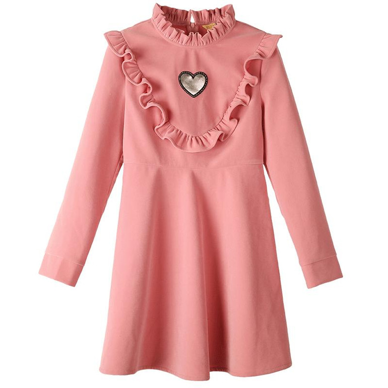 ELF SACK Women Winter New Pink Dress Ruffle Heart Appliques Long Sleeve Dresses Waisted Kawaii Long Sleeve Short Dresses