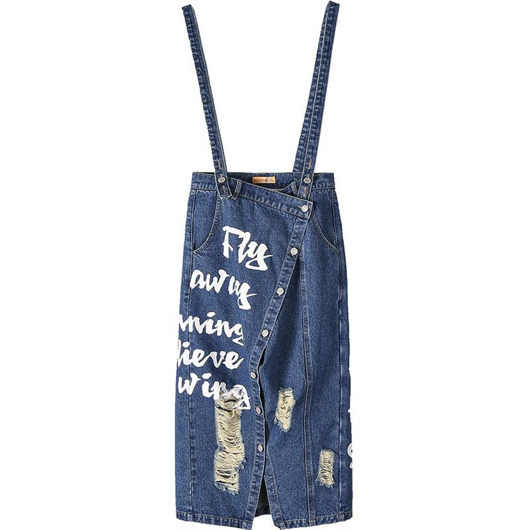 ELF SACK Women Denim Skirts Mixi Letter Prints Womens Hole Washed Denim Straight Skirts Female Strap Long Skirt Sexy Jeans Skirt