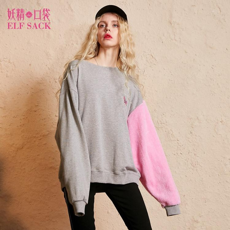 ELF SACK Embroidery Tiger Women Casual Sweatshirts Loose Pink Sweet Womens Tops Round Neck Fashion Pullovers