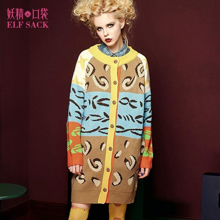 ELF SACK 2016 Autumn Spring Women Color Block Sweater Women's Leopard Print Jacquard Fashion Long Cardigan