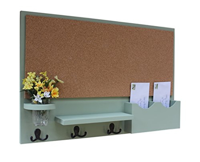 Legacy Studio Decor Cork Board Mail & Letter Holder with Key Hooks (Smooth, Mountain Sage)