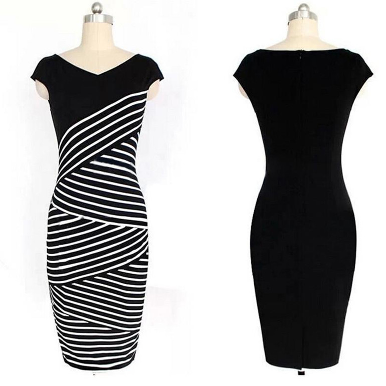 Elegant Women Summer V Neck Dress Black and white stripe Stitching Pencil Dresses Lady Knee-Length Party Bodycon Dress
