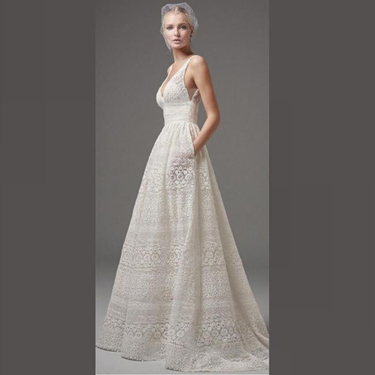 Elegant Women Formal Dress Ladies Deep V-Neck Empire White Princess Dress Sleeveless Floor-Length Swing Dress KH908323
