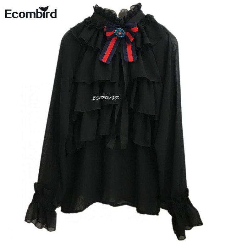 Ecombird 2017 Spring Summer Fashion Runway Women Tops Blouses Long Sleeves Stand Collar Bow Ruffles lady Shirts Blusas feminina