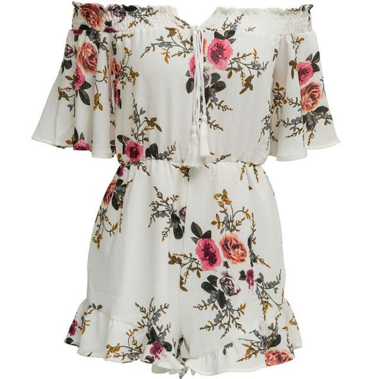 Ebizza Elegant Ruffles Print Jumpsuit Romper Women Summer Backless 2017 Boho High Waist Off Shoulder Beach Chic Female Overalls