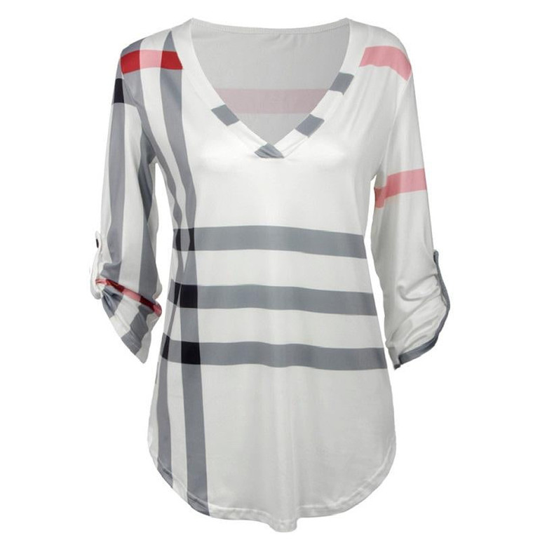 2018 New Plaid Printed Shirt Chiffon Blouse Women's V Neck Office Long Sleeve White Black Brown Blusa Feminina Tops for women