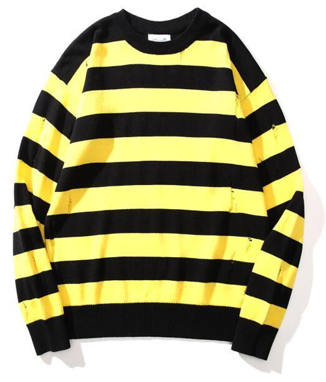 2018 NEW OVERSIZE Black yellow stripes Joining together hole nick men sweater hip hop GD Fashion Casual sweater M-XL