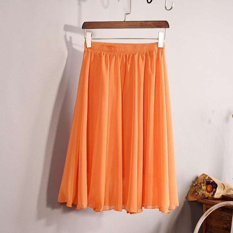 2018 New Fashion Womens Chiffon Skirt Summer Ladies Casual Slim Beach Pleated Skater Midi Skirts Saia High Waist Faldas Mujer