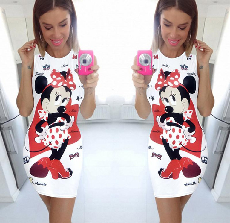 2018 new Fashion Women Summer Sleeveless white Bodycon Camouflage Cartoon Mouse Print Sexy tank Mini Dress Vestido Curto