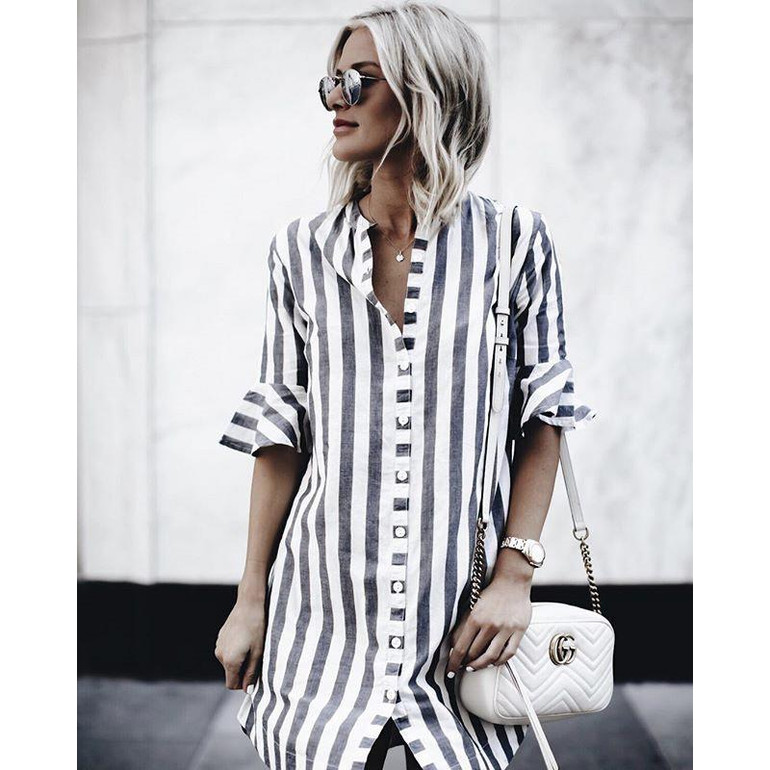 2018 New Fashion Women Black White Striped Dress Casual Flare Half Sleeve Loose O Neck Dresses Women Summer Button Shirt Dress
