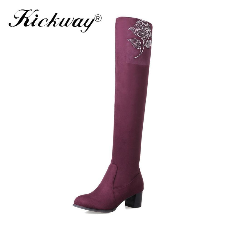 Kickway Women Winter Boots Stretch Slim Over Knee Boots With Fur Black Thigh High Boots Shoes Woman Round Toe crystal boots shoe