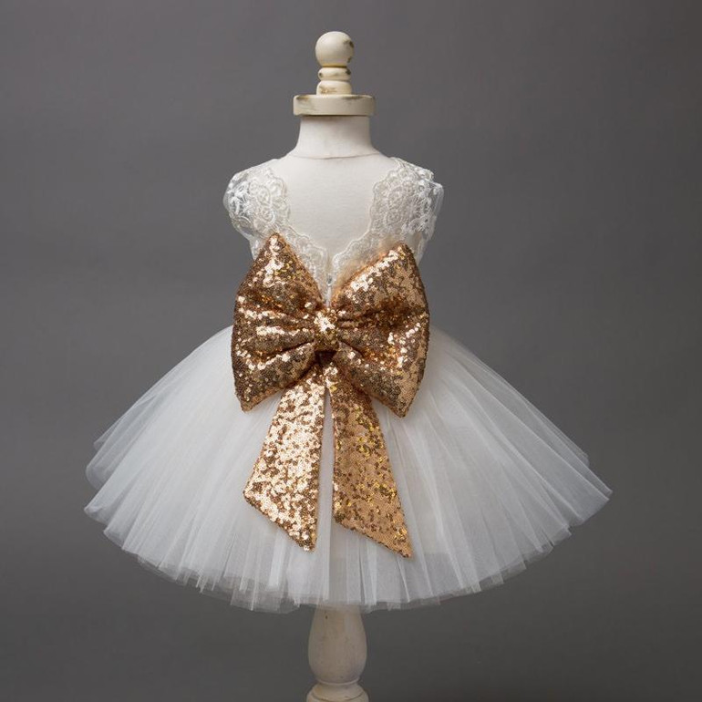 Baby &amp; Young Girls Kids Wedding Flower Girl Dress Princess Party Pageant Formal Dress Back Bow Sleeveless Lace Tulle Dress 0-10Y