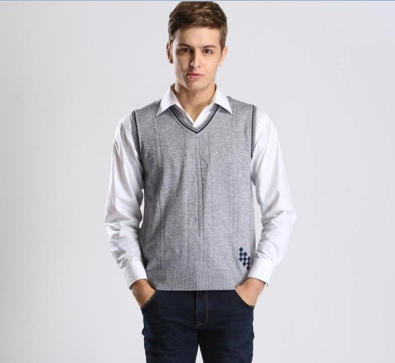 Autumn men plaid wool sweater vest casual v-neck sleeveless cashmere sweater