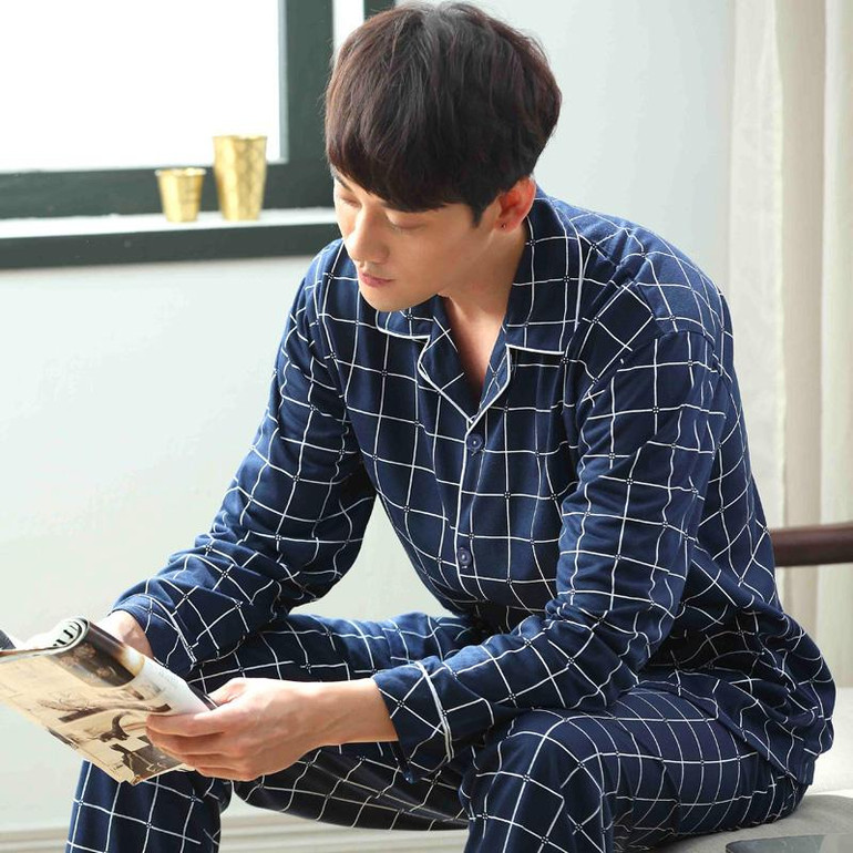 Autumn Men Pajama Sets Breathable Cotton Long-Sleeve Male Pyjamas Sleepwear Plus Size L-3XL Pajamas Soft Homewear