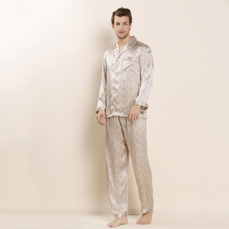 Autumn Men Brand Silk Sleepwear Long-sleeve Pajama Set 100% Silk Sleepwear Male Luxury Men Pajamas Sets Free Shipping