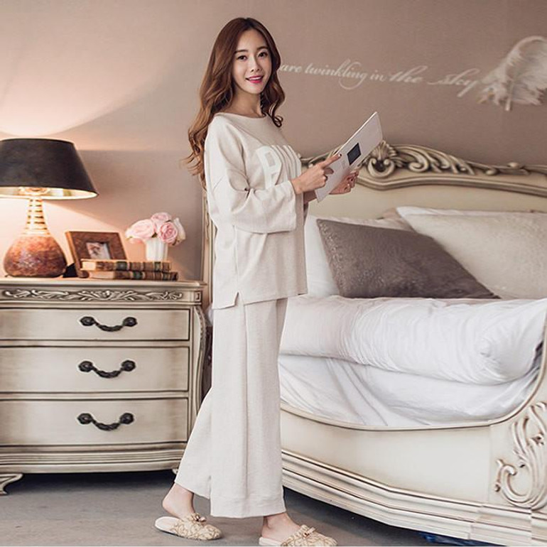 Spring Autumn Women's Cotton Print Letter Pink Long Sleeve Pajamas Sets Warm Ladies Sleepwear Home Clothing
