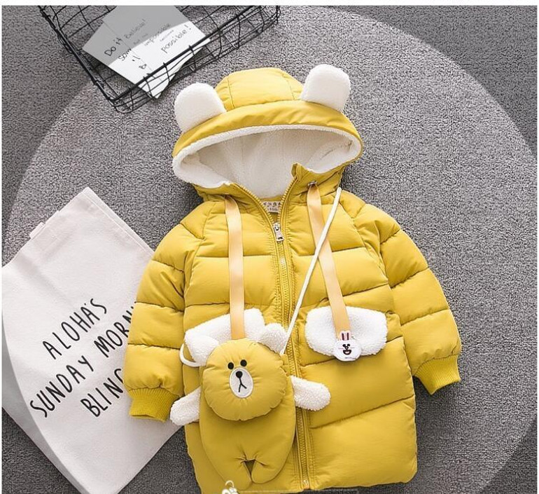 Baby girl's long, warm, solid-colored padded jacket