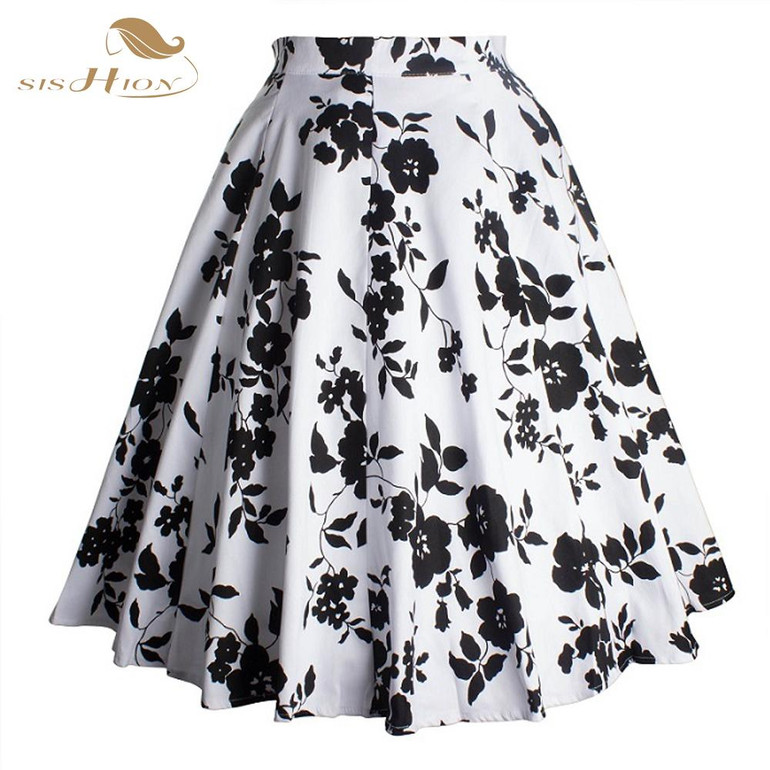 SISHION Retro Style 50s Vintage Skirt High Waist Pin up Floral Print Rockabilly Swing Women Summer Skirt Plus Size 177S2