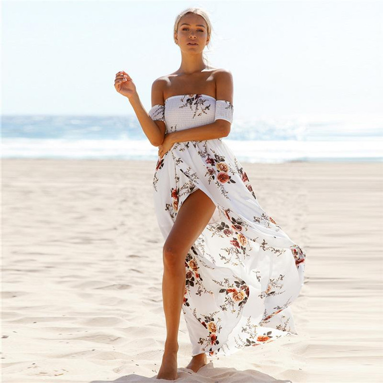 5XL Large Size Sexy Robe Summer 2018 Women Dresses Strapless Printed Maxi Dress Loose Plus Size Sexy Dress Long Boho Beach Dress